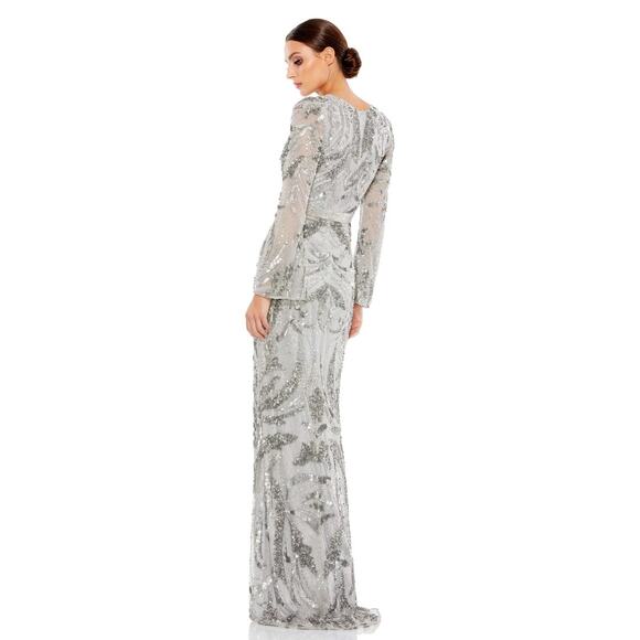Mac Duggal 5222 Sequined Faux Wrap Split Long Sleeve Gown Platinum 6 $598 NEW - Picture 2 of 16